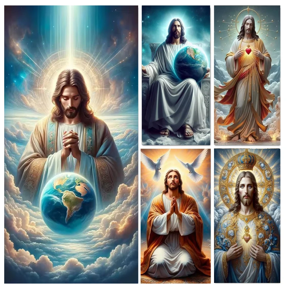 Large Diamond Mosaic Portrait DIY Embroidery Religious Diamond Embroidery Jesus Earth Landsacpe Cross Embroidery Kit Rhinestone