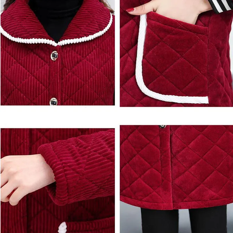 Corduroy Padded Jacket Middle-Aged And Elderly Mother\'s Fleece Coat Loose Mid-Length Quilted Coat Women Autumn Winter Coat