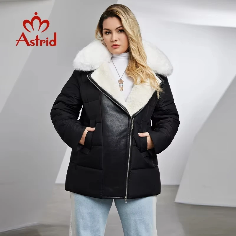 Astrid Women\'s Jacket Winter 2023 Plus Size Down Jackets Big Fur Collar Hooded Stitching Thickened Fleece Plush Coat Women Parka