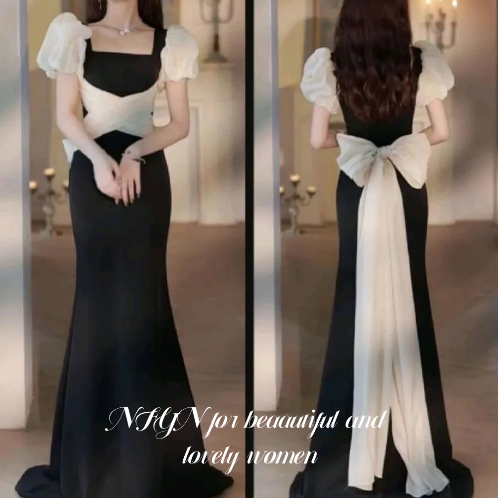 

NFYN Black Mermaid Stain Prom Dress Square Collar Party Dress Pleats Regular Sleeve Evening Dress with Bows Fishbone Customized