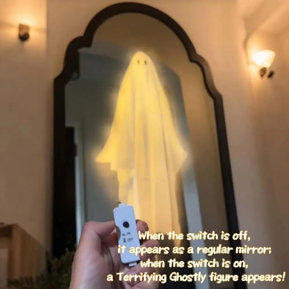 Round/Wave Ghost Hologram Mirror Light Up USB Ghost Illusion Mirror Illusion Design Wall Mounted Haunted House Prop Bar Decor
