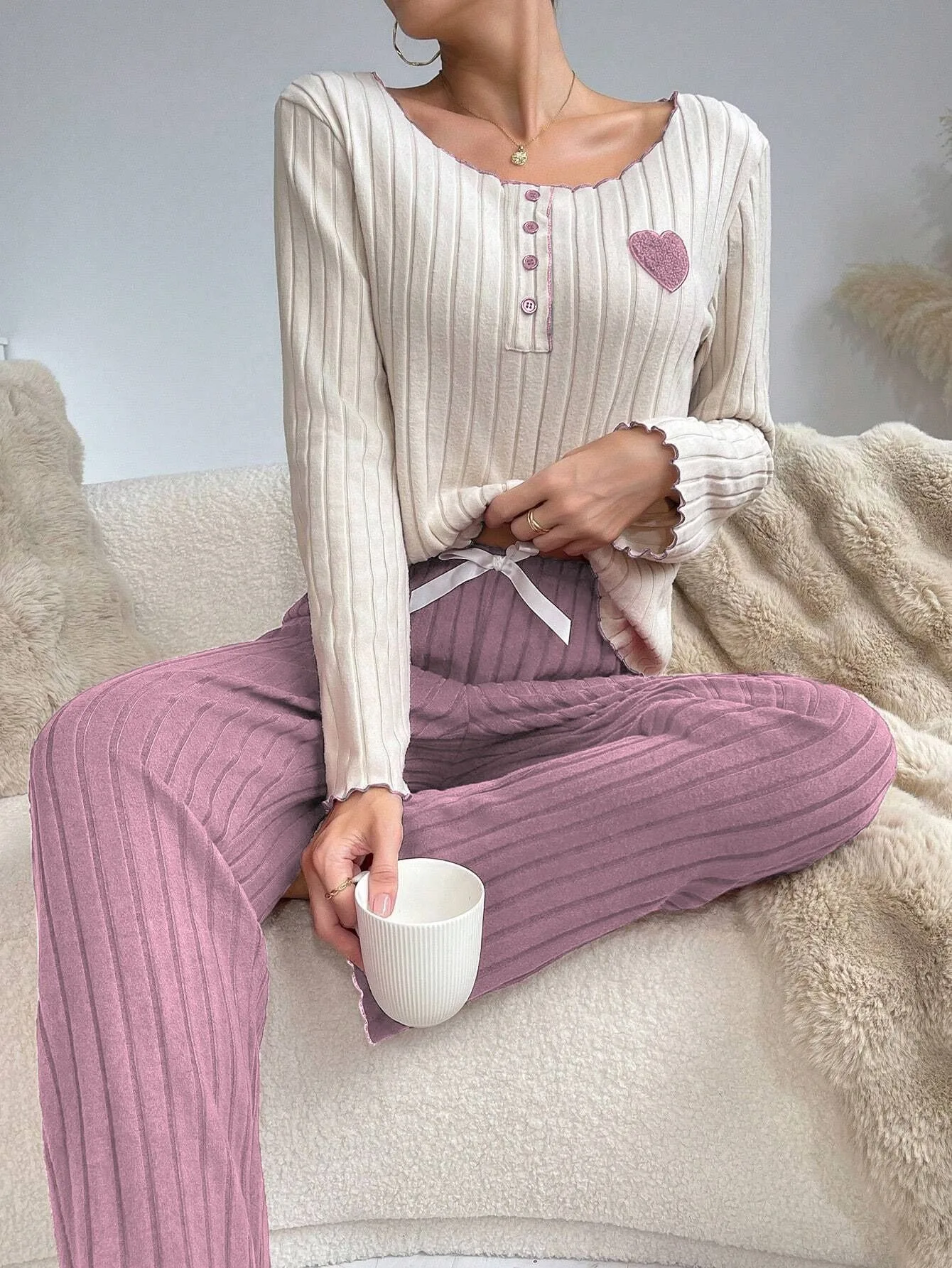 Winter European and American Sleepwear Heart-Shaped Embroidered Long Sleeves and Pants Women's Solid Striped Pajamas Homwear