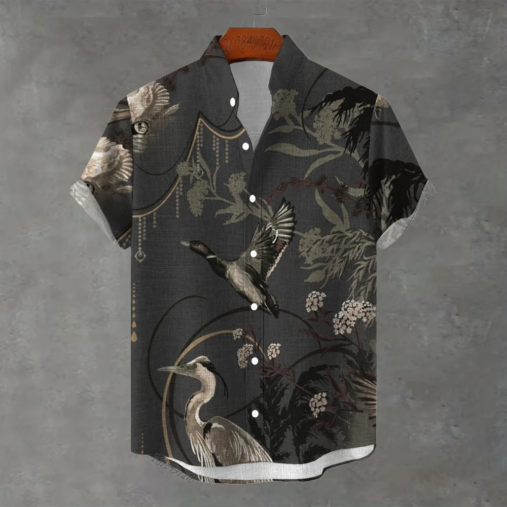 European and American men's Japanese style Ukiyoe red-crowned crane short-sleeved shirt stand-up collar single-breasted shirt