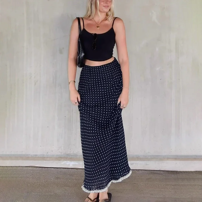 Mesh Polka Dots Long Skirt Women's Contrast Patchwork High Waist Skirt Summer Female Fashion Elegant Loose Skirt 2025