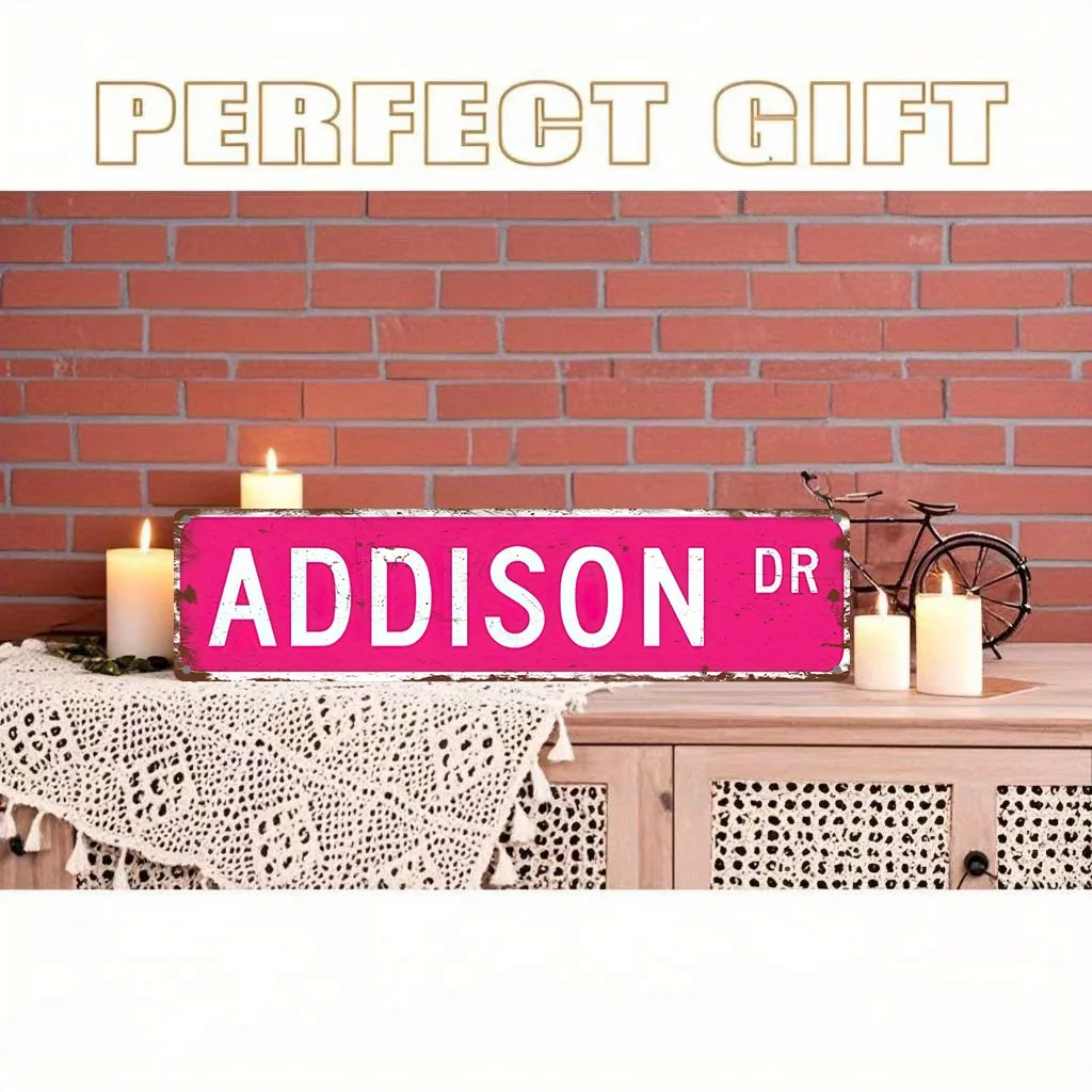 2D Flat, 1pc ADDISON Vintage Metal Sign-ized Name Plate Style Wall Art,Pink & White Retro License Plate Design,Durable Aluminum