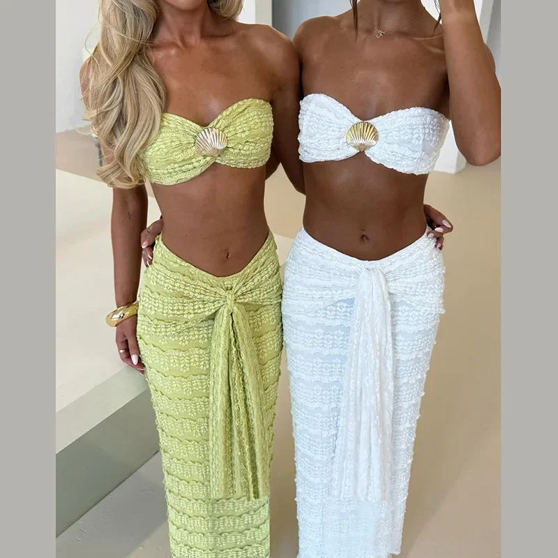 

Women Summer Holiday Outfits 2 Piece Set Shell Buckle Strapless Crop Tops + Lace Up Birrons Bodycon Maxi Skirts Beachwear Suits
