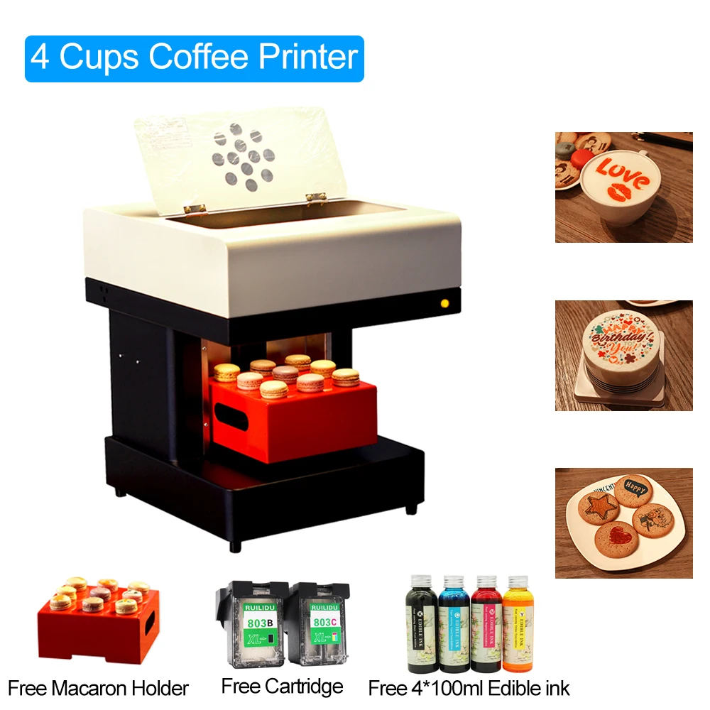 4 Cups Coffee Printer Automatic Photo Printer Coffee Printer for Cake Cappuccino Biscuits Macaroon Candies Food Printing Machine