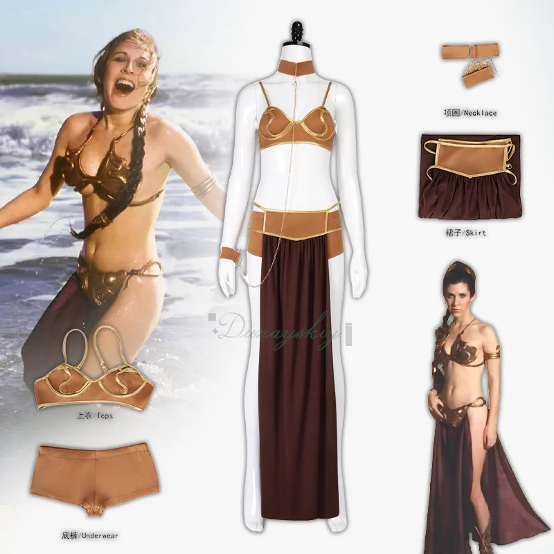 

Princess Sexy Slave Dress Golden Bikini Set Leia Cosplay Costume Choker Perfect Movie For Halloween Party Carnival Suit