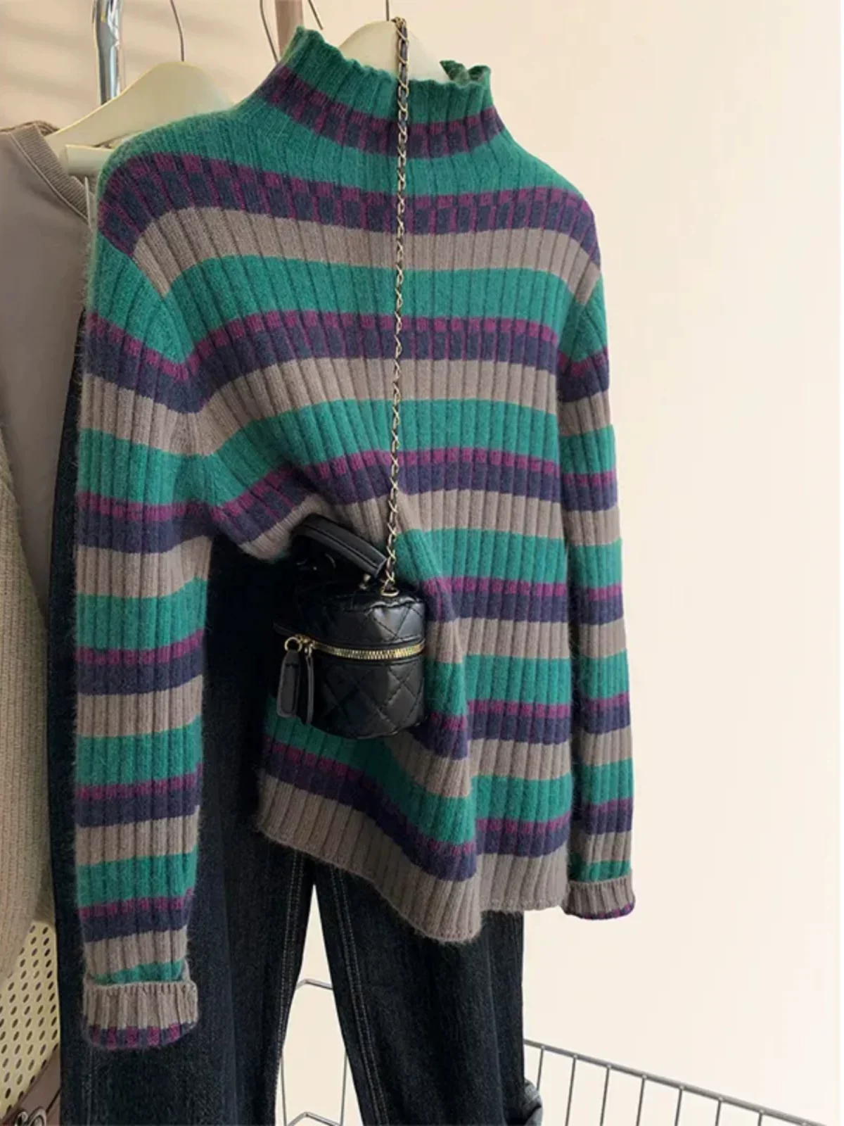 

Утепленный повседневный женский вязаный свитер с высоким воротником, длинными рукавами, в полоску, свободного кроя, простой дизайн, новинка зимы