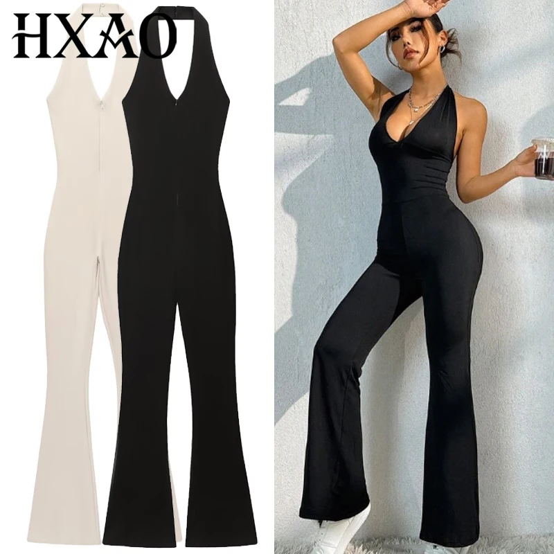 

HXAO Sexy Bodycon Jumpsuit Woman One Piece Backless Jumpsuit Female Full Length Black White Jumpsuit Sleeveless Halter Jumpsuits