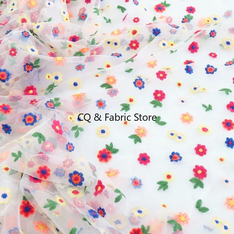 1meter 130cm White Translucent Soft Cotton Colors Embroidery Small Flower Mesh Lace Fabric Diy Fashion Costume Dress Fabric