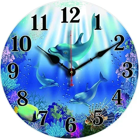 Dolphins Underwater World Custom Large Clock Living Room Home Decor Round Quartz Wall Clock Children Bedroom Wall Decoration