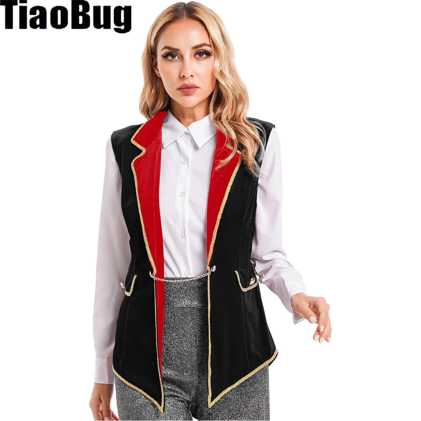 

Женский цирковой жилет манежа, топы, костюм для косплея на Хэллоуин, бархатная куртка без рукавов с лацканами, фрак
