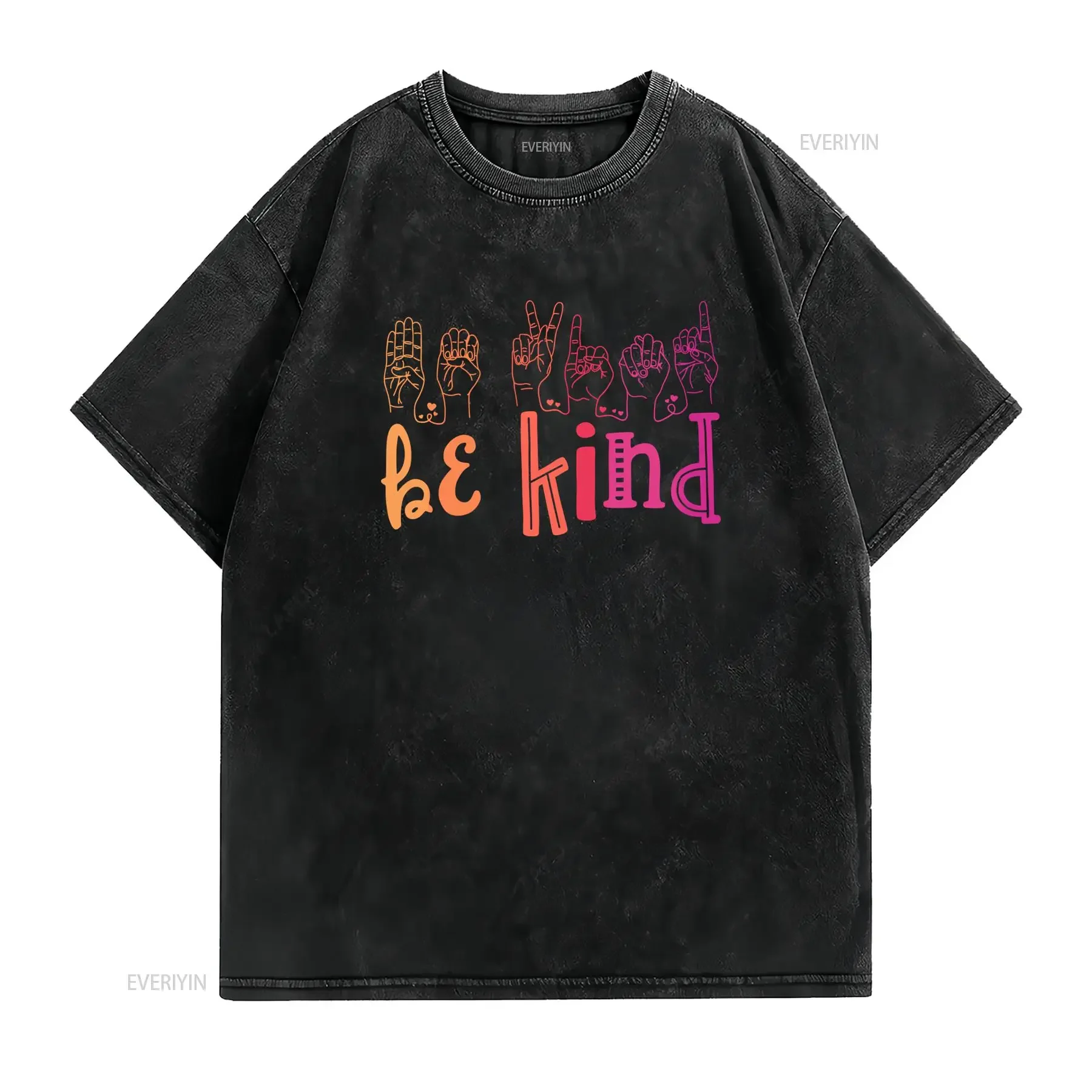 Retro Gradient Be Kind Sign Language Positive Quote Print Casual T Shirt vintage Washed Soft Versatile Top For Everyday Wear