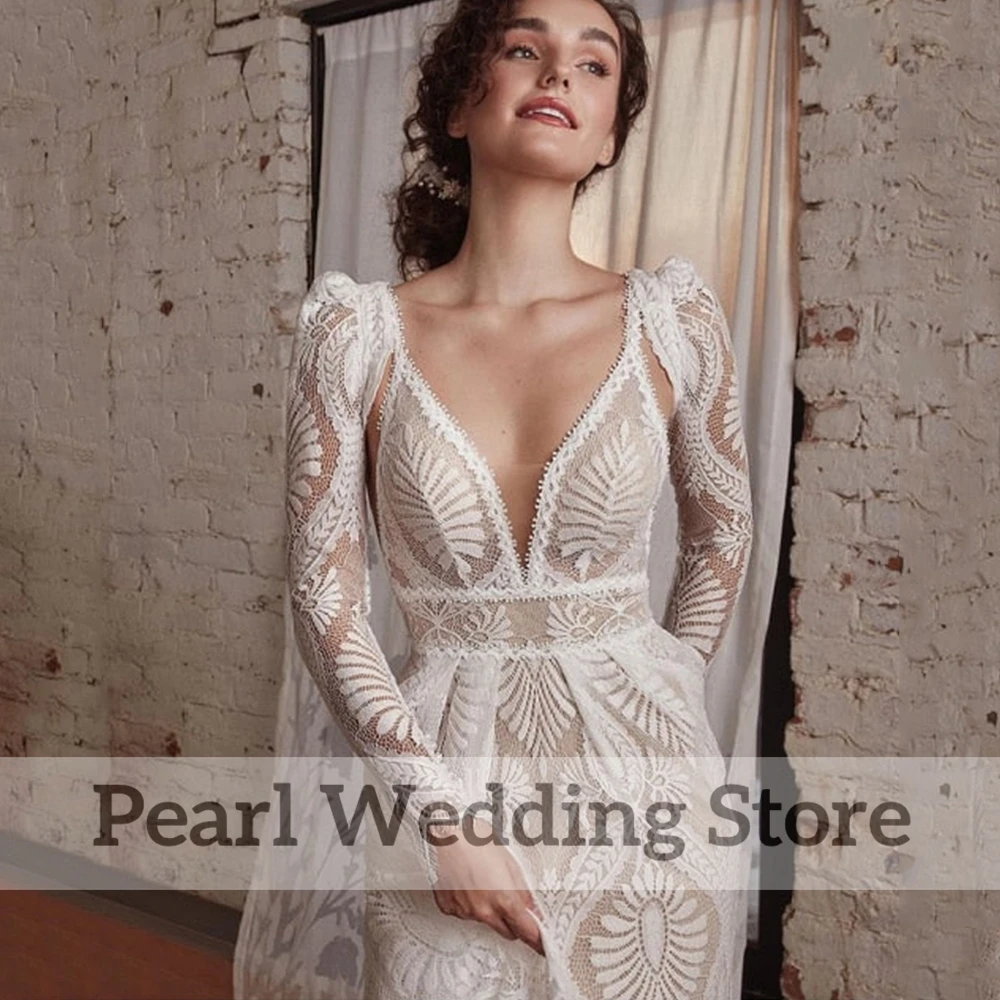 Exquisite Lace Deep V-Neck Backless Wedding Dress Boho Illusion with Long Sleeve Jacket Custom Romantic A-Line Floor Length