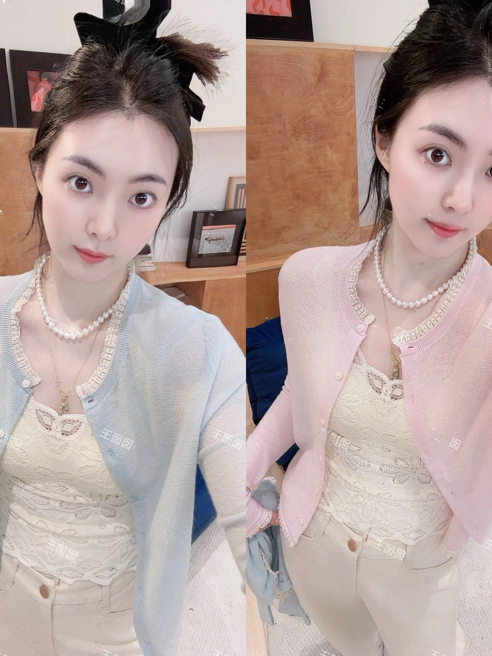 

Sweet Berries Ice Blue Long Sleeve Woolen Knitted Cardigan Pink And Blue Lace Casual Style Ladies Fashion Spring Season