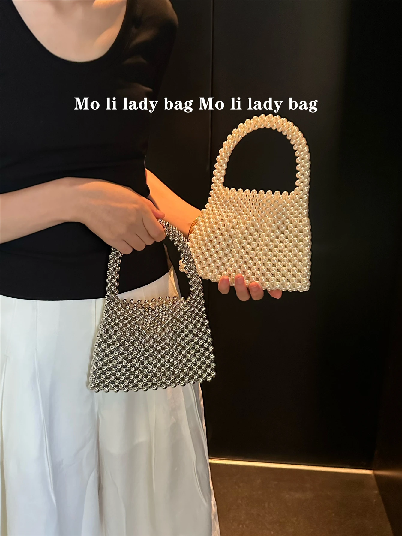 

Handmade Beaded Pearl Mobile Phone Bag Youthful Sparkling Silver Handbag Fashionable round Shape Pure Color Women's Bag