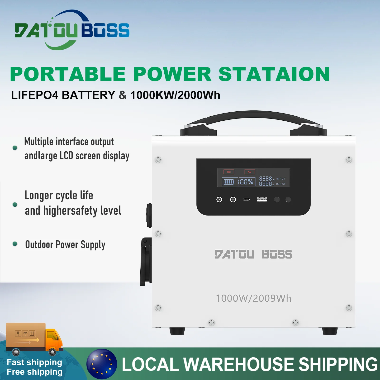 DATOUBOSS 1000KW/2000Wh Portable Power Stataion LifepO4 Battery With 6000 Cycles Two EU Socket, Display Screen, TypeC and USB Interface Use for Outdoor Energy