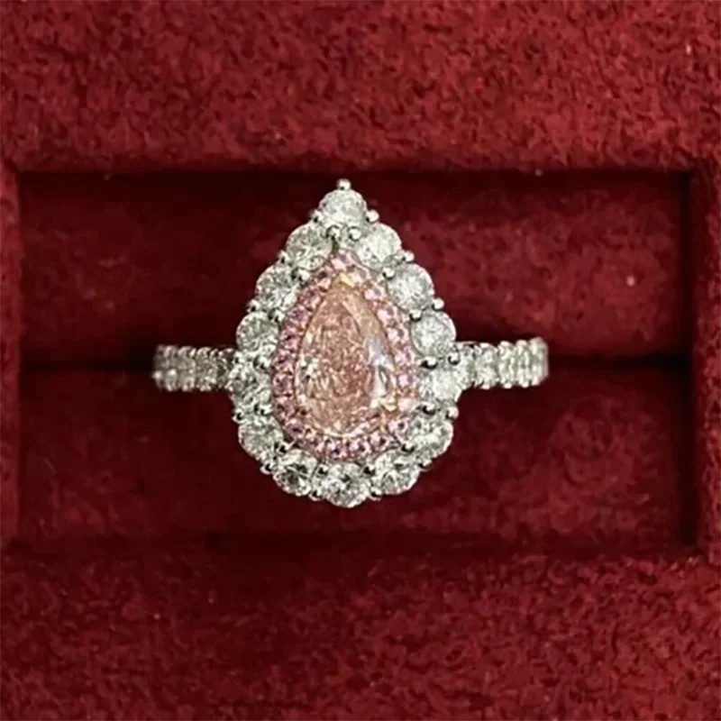 1Ct IGI Certified Pear Cut Fancy Pink Lab Grown Diamond Halo Ring VS‑VVS Platinum 950 Luxury Ladies Engagement Ring