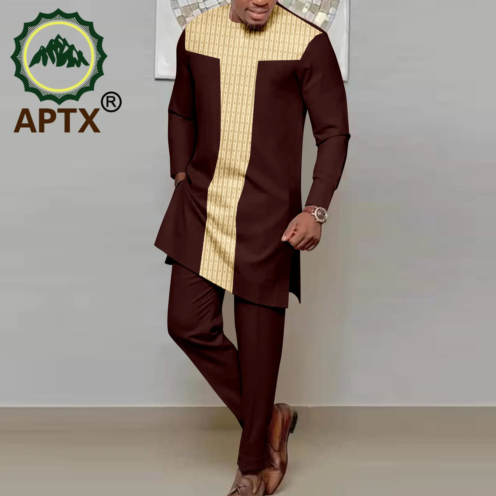 APTX African Dashiki Men Set Long Sleeves Patchwork Shirt+Full Length Pants 2 Pieces Casual Suit Nigerian TA2216143