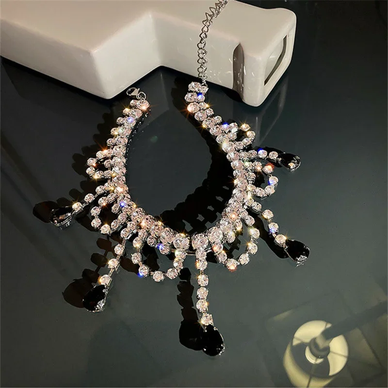 Black Water Drop Crystal Choker Necklaces for Women Long Tassel  Rhinestones Necklaces Statement Jewelry for Weddings