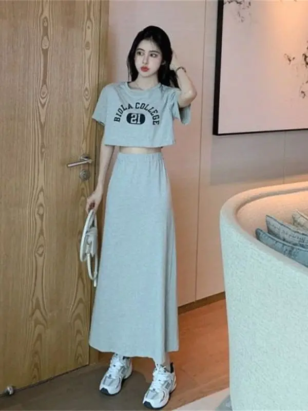 

Summer 2026 High Waist Short Printed T-Shirt Letter Sport Set Dress Long Two-Piece Set Casual Leisure High Waist Skirt