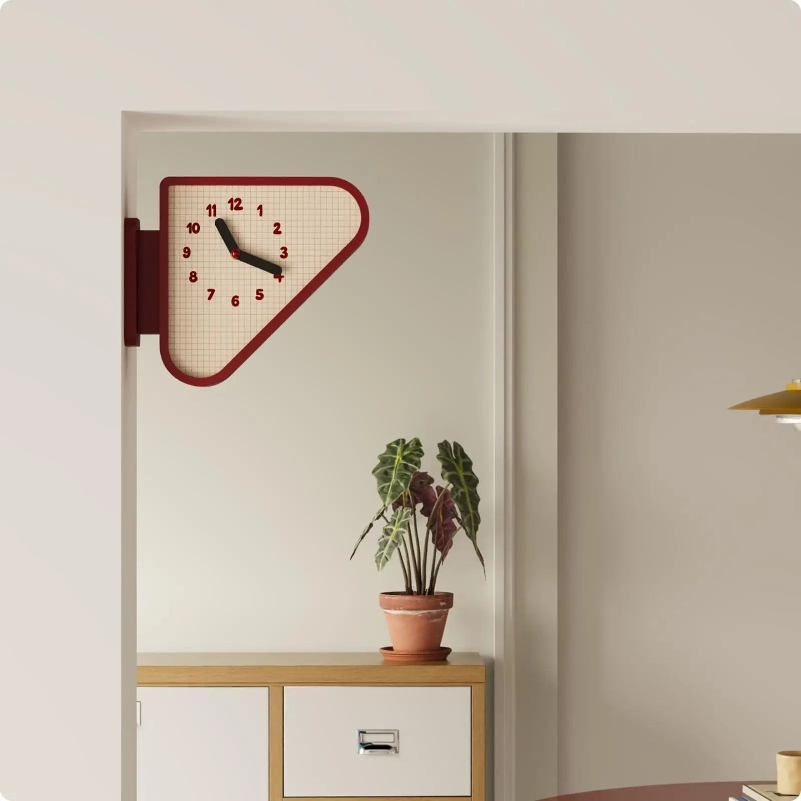 Triangular Wall Clock Grid-Pattern Dial Corner Clock Side-Mounted
