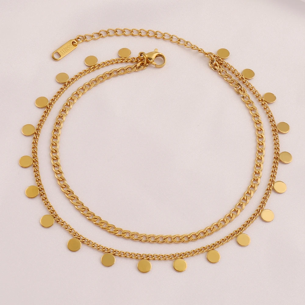 Pulseiras de Tornozeleira de Aço Inoxidável com Revestimento de Ouro 18K para Mulheres, com Charms de Moeda Pequenos, Joias Femininas