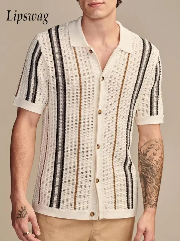 Luxury Mens Knitted Shirts Summer Breathable Slim Fit Short Sleeve Knit Casual Shirt Men Vintage Striped Crochet Knitting Shirt