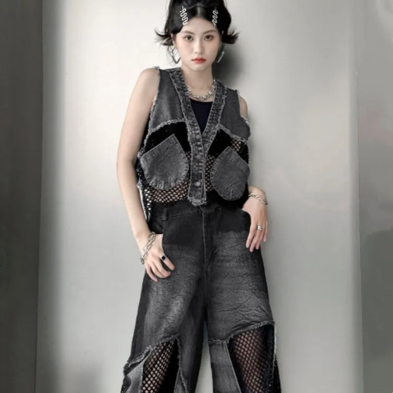 Gilet en Denim à col en v pour femmes, couture en grille, mode de rue frite, bavures amples, gilets courts sans manches, vestes d'été