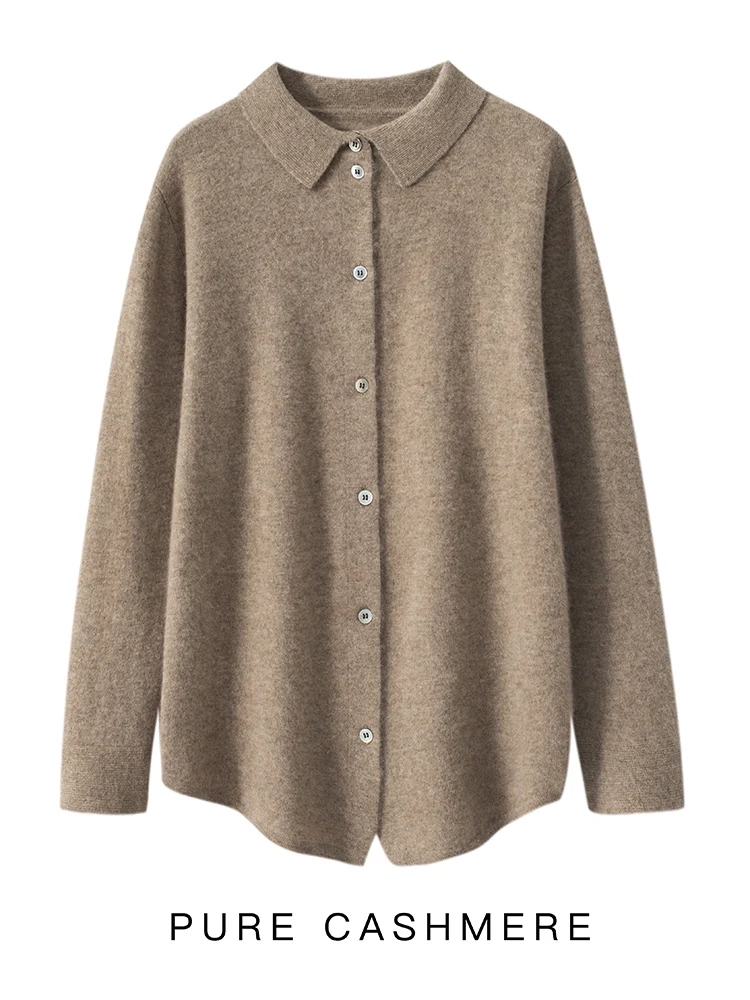 Autumn Winter Women Cashmere Sweater POLO Collar Slim 100% Cashmere Cardigan Knitwear Office Lady Korean Popular Shirt Tops