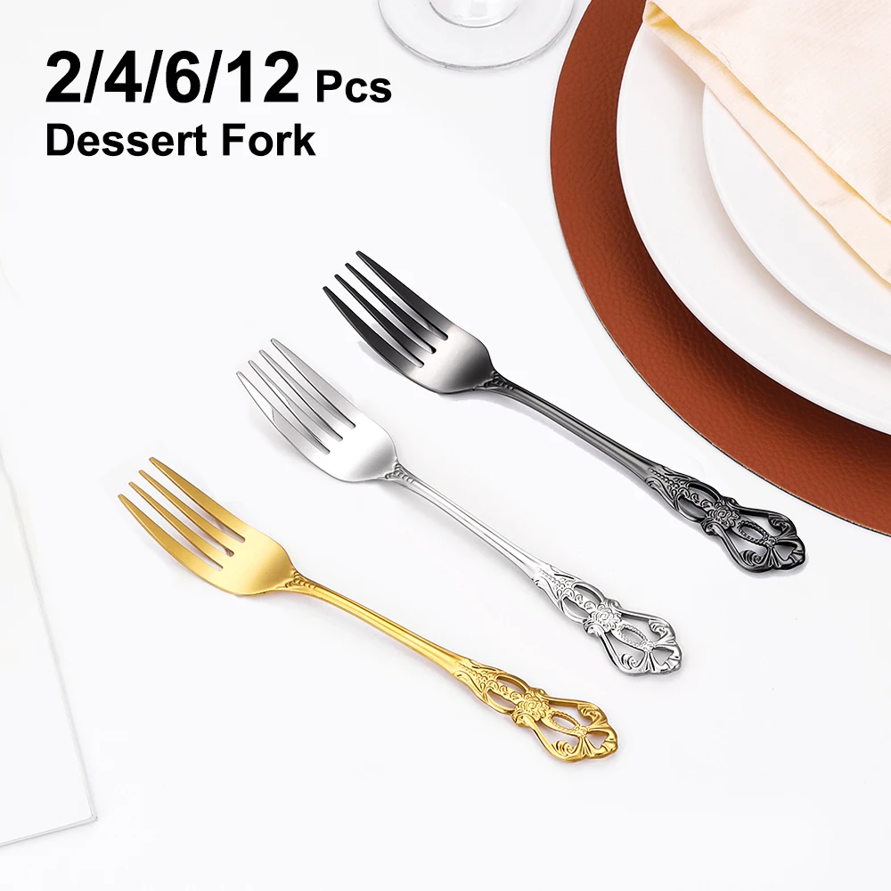 2/4/6/12Pcs Dessert Forks Gold Fruit Fork Stainless Steel Sliver Tableware Cake Snack Salad Fork Mirror Western Black Cutlery