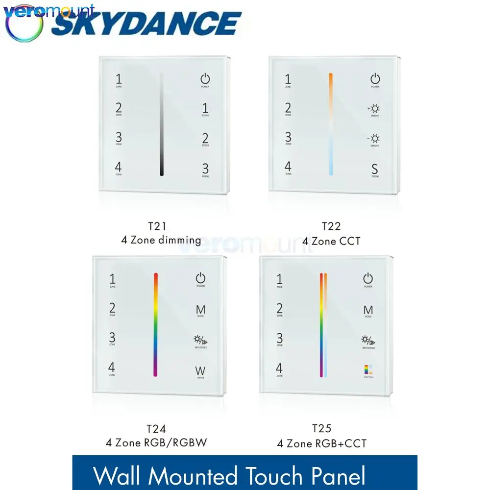 

Skydance T21 T22 T24 T25 4 Zone Dimming CCT RGB RGBW RGBCCT Wall Mounted Glass Touch Panel Controller AAAX 2 Battery Powered