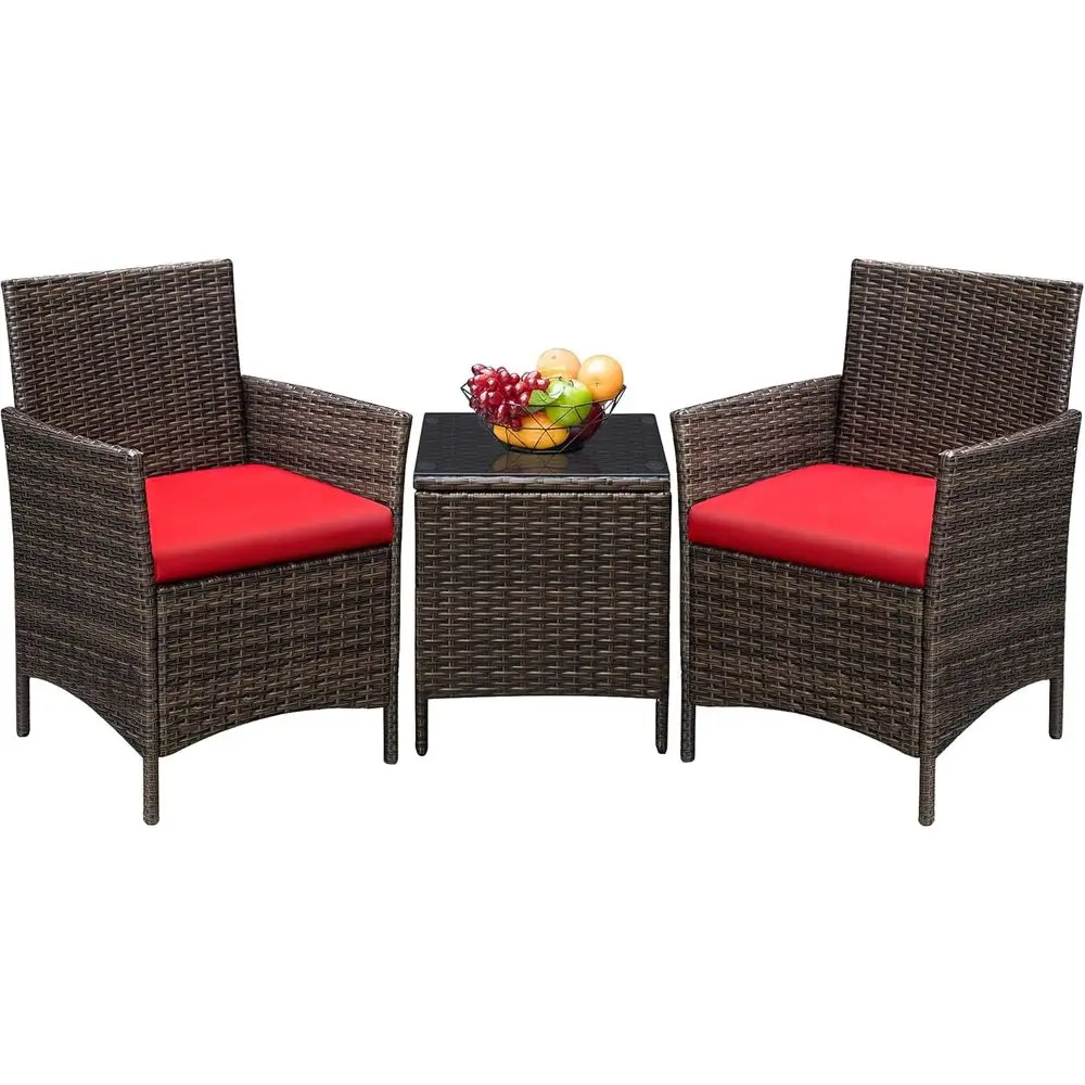 

3-Piece Outdoor PE Rattan Furniture Set with Cushions and Glass Table for Patio, Garden, or Poolside, Brown and Red