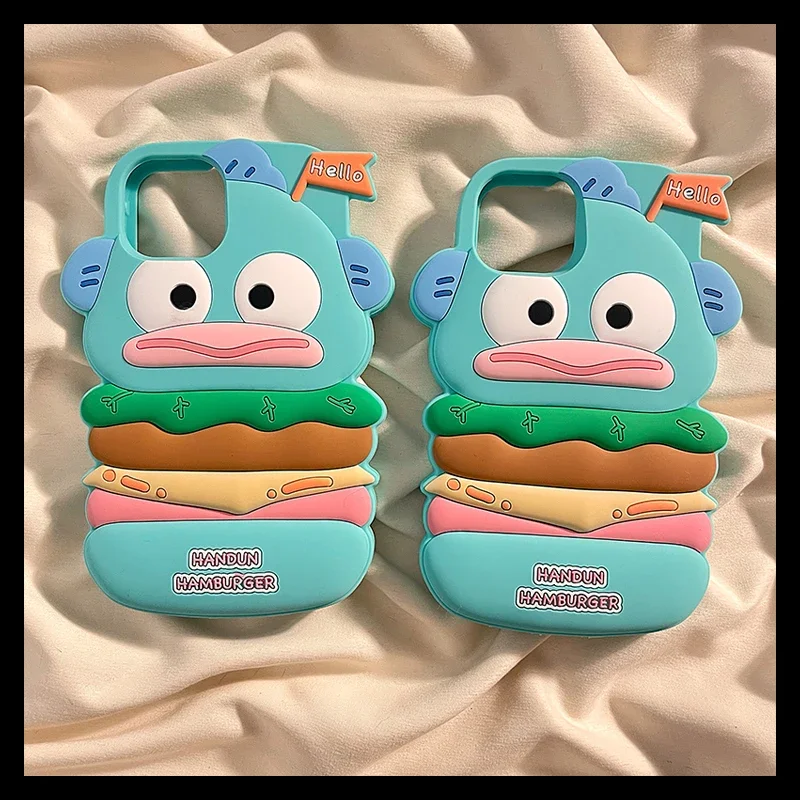 Kawaii Sanrio Hangyodon Hamburger Funny Phone Case, Anime Fashion, 3D Protective Cover for iPhone 11, 12, 13, 14, 15 Pro Max