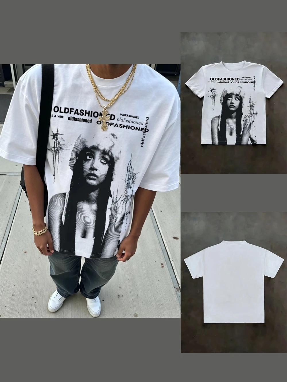 2026 Summer Vintage Halftone Portrait T-shirt Oversized Short Sleeve Tee Retro Streetwear Hip Hop Loose Summer Cotton Top