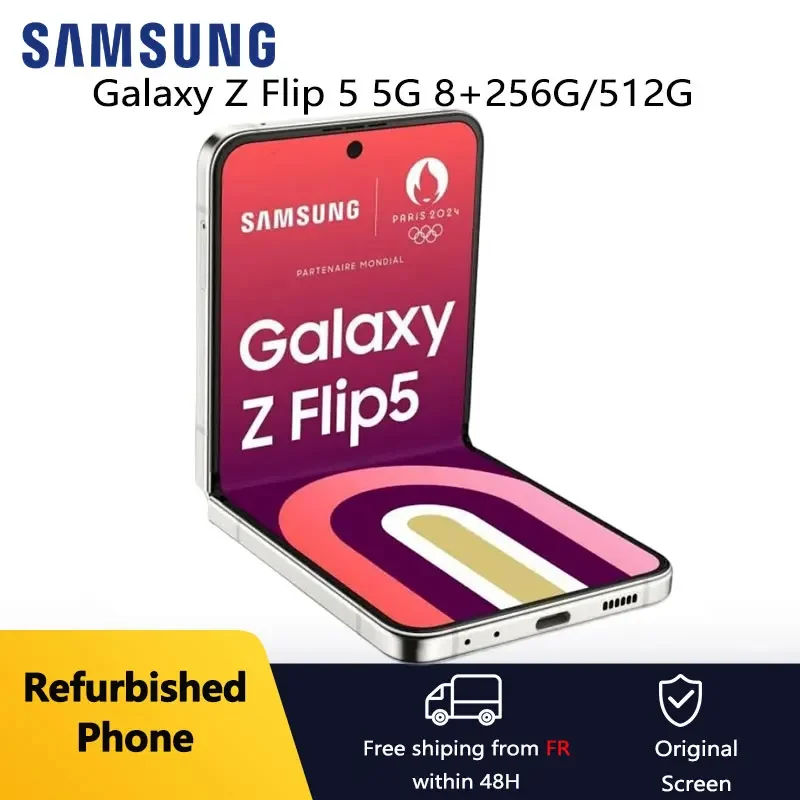 Samsung Galaxy Z Flip 5 5G reconditionn, 6.7 pouces, F731U1, 8 + 256/512 go, AMOLED, dbloqu, pliable, Android, excellente condition