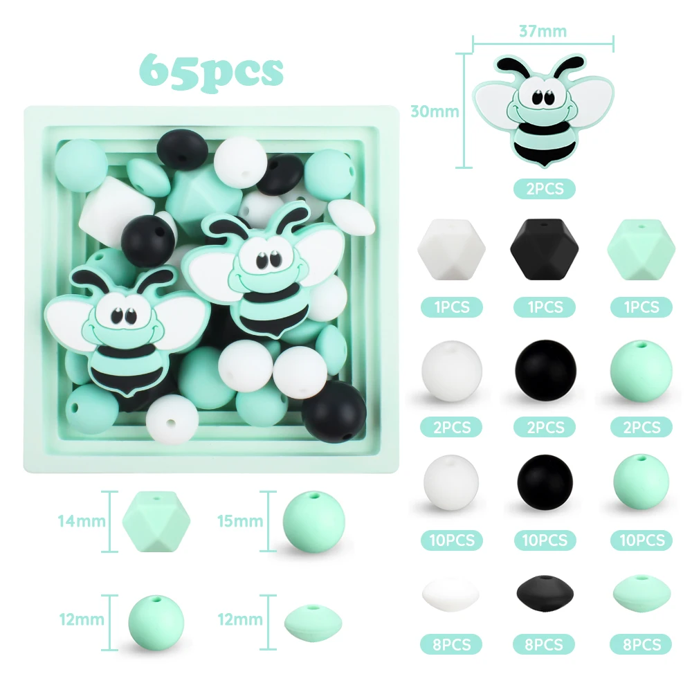 65Pcs/Set honeybee Silicone Beads Baby Hexagon Round Teething Beads Teether Set DIY Pacifier Chian Jewelry Nursing Accessory