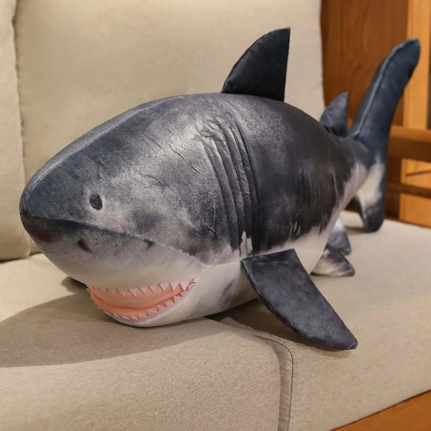 Adorable Shark Pillow Gray White Detailed Eyes Open Mouth Fins Stuffed Kawaii Ocean Creature Cuddle Display Warm Bedroom