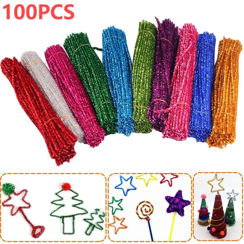 100pcs Flash Rope Neil Stem Tube Cleaner Plush Metal Wire Rod DIY Craft Children's Education Metal Foil Rod Toy Bouquet Material