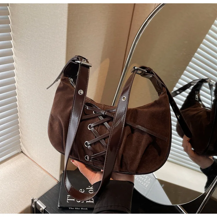 PU leather color-blocked women's single-shoulder underarm bag with ballet-style bow strap and hand-held dumpling-shaped bag