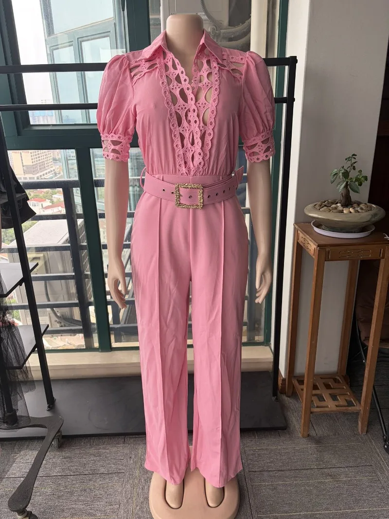 Eleganter Spitzen-Jumpsuit mit Ausschnitten für Damen, Kragen, Puffärmel, Taillengürtel, schmal geschnitten, lange Hose, schicker Abendanzug für Dates – Detail 2