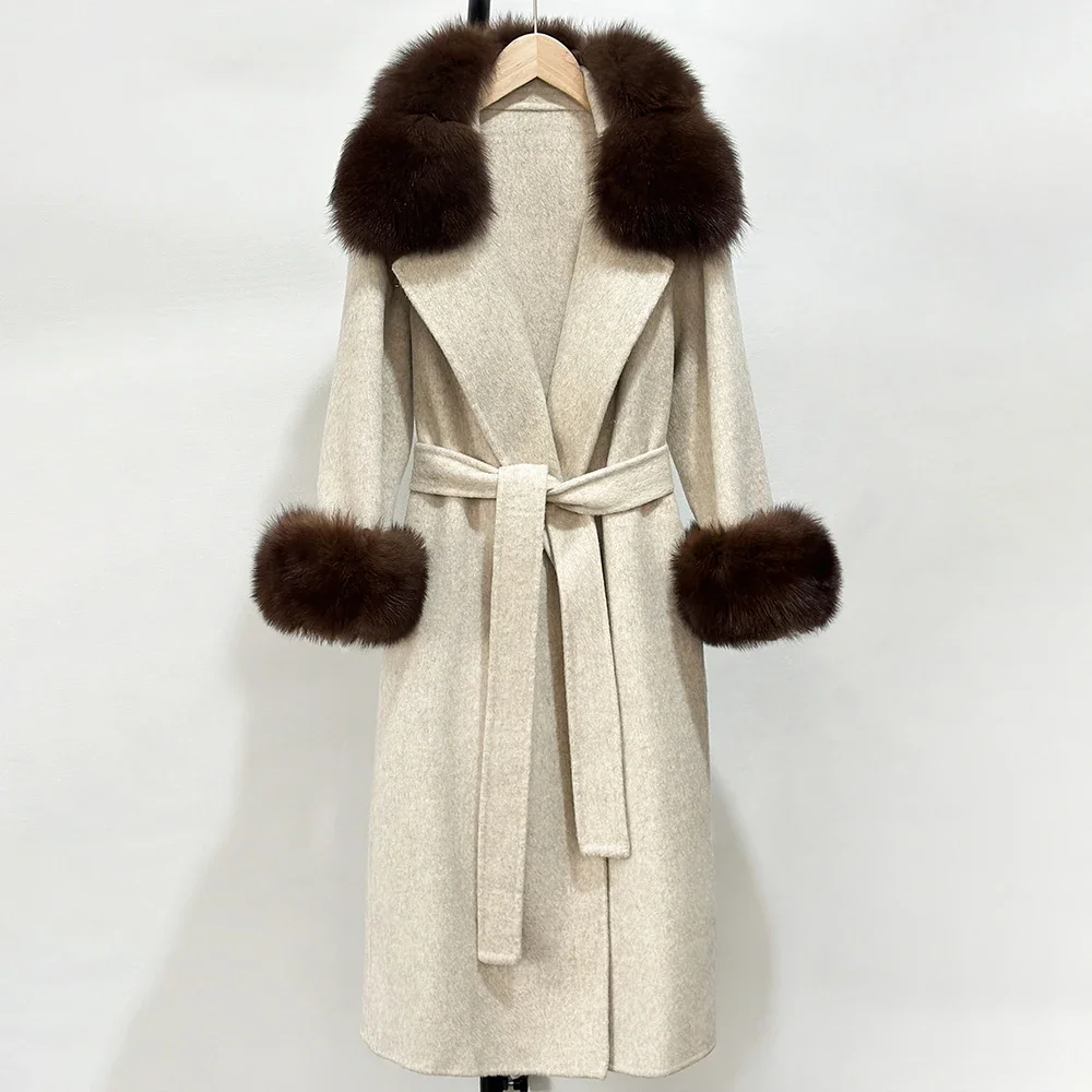 Oftbuy casaco de pele feminino real gola de pele de raposa lã mistura casaco moda quente dupla face cashmere jaqueta de lã novo outono inverno