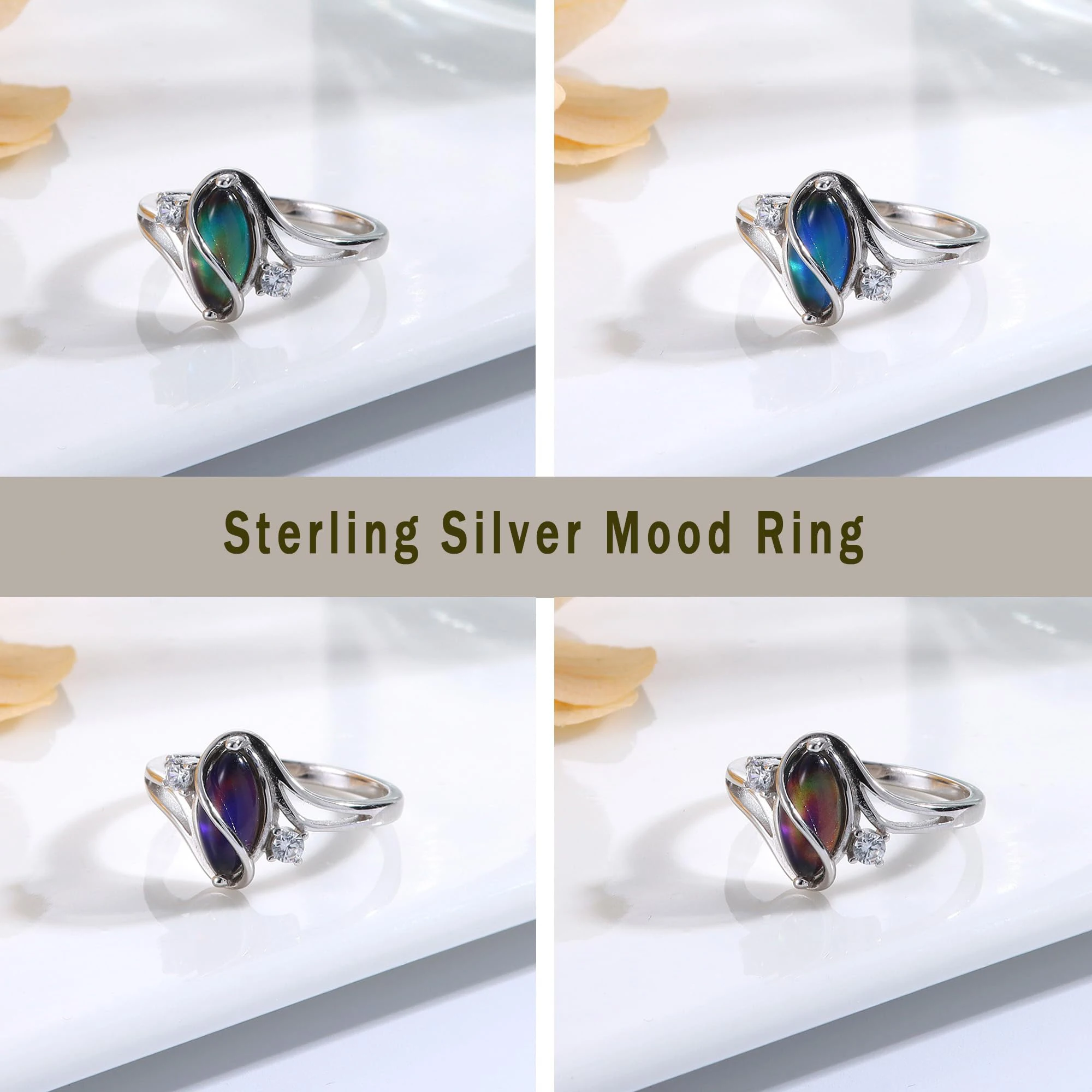 Fansilver 925 Sterling Silver Mood Rings for Women Cubic Zirconia Accents 18K Gold Plated Oval Solitaire Statement Silver Rings