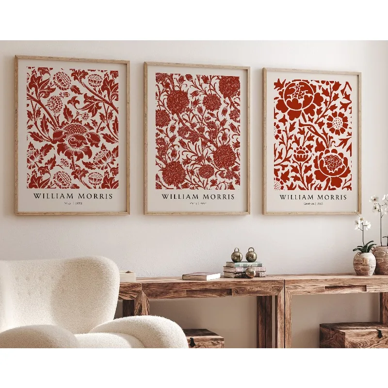 Set of 3 William Morris Prints, Botanical Wall Decor, Vintage Red Pattern Poster, Retro Canvas, Printable Decor