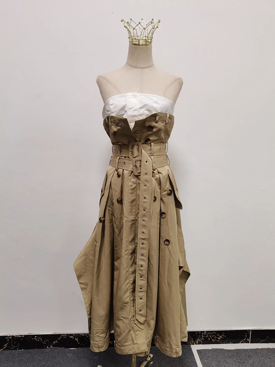 VGH Ameican Retro Irregular Cargo Dresses for Women Strapless Sleeveless High Waist Spliced Double Sashaes Midi Dress Female New