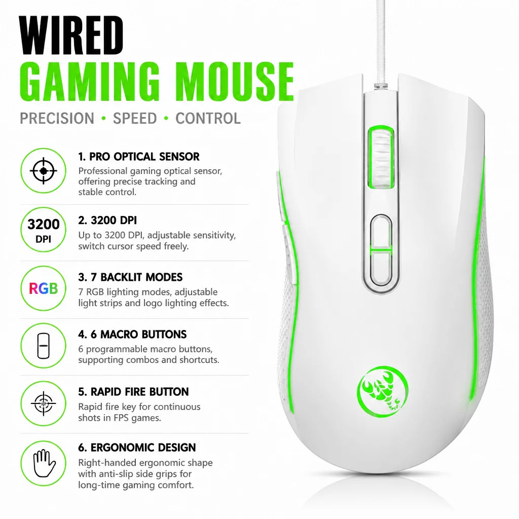 Computer Wired Mouse Pro Gaming Mice 7 Color Changing Ergonomic Mouse 3200 DPI Adjustable