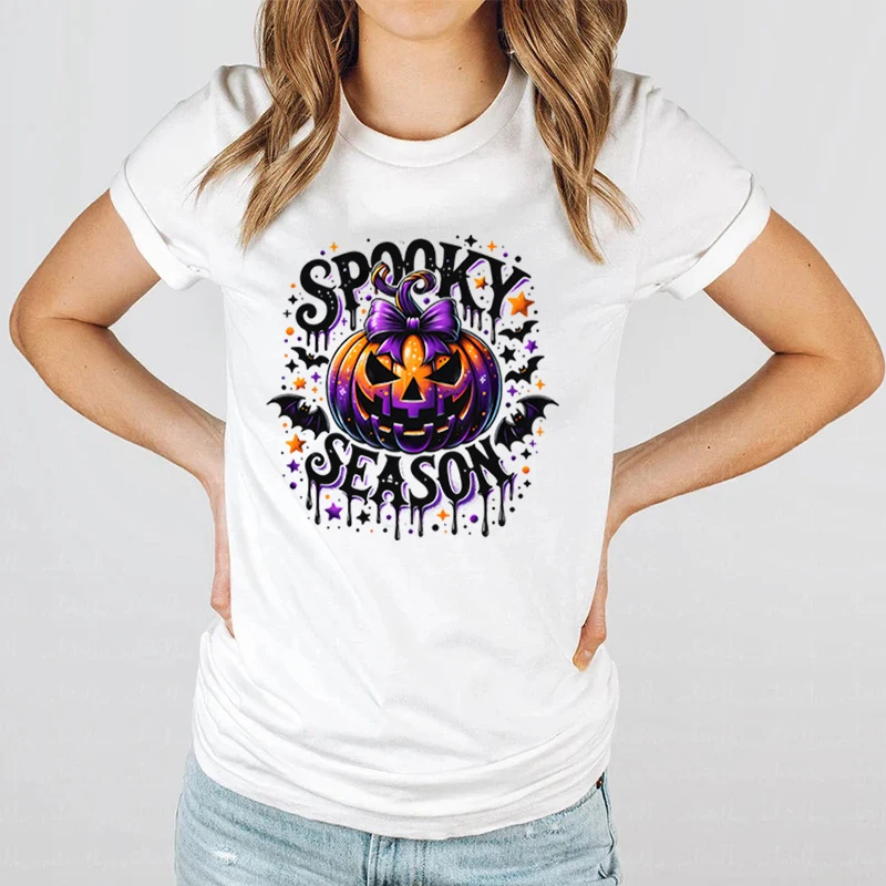 Halloween Pumpkin Spooky Season Print T-shrits For Women Summer Short Sleeve Round Neck Pure Color Loose Tee Shirt Creative Tops