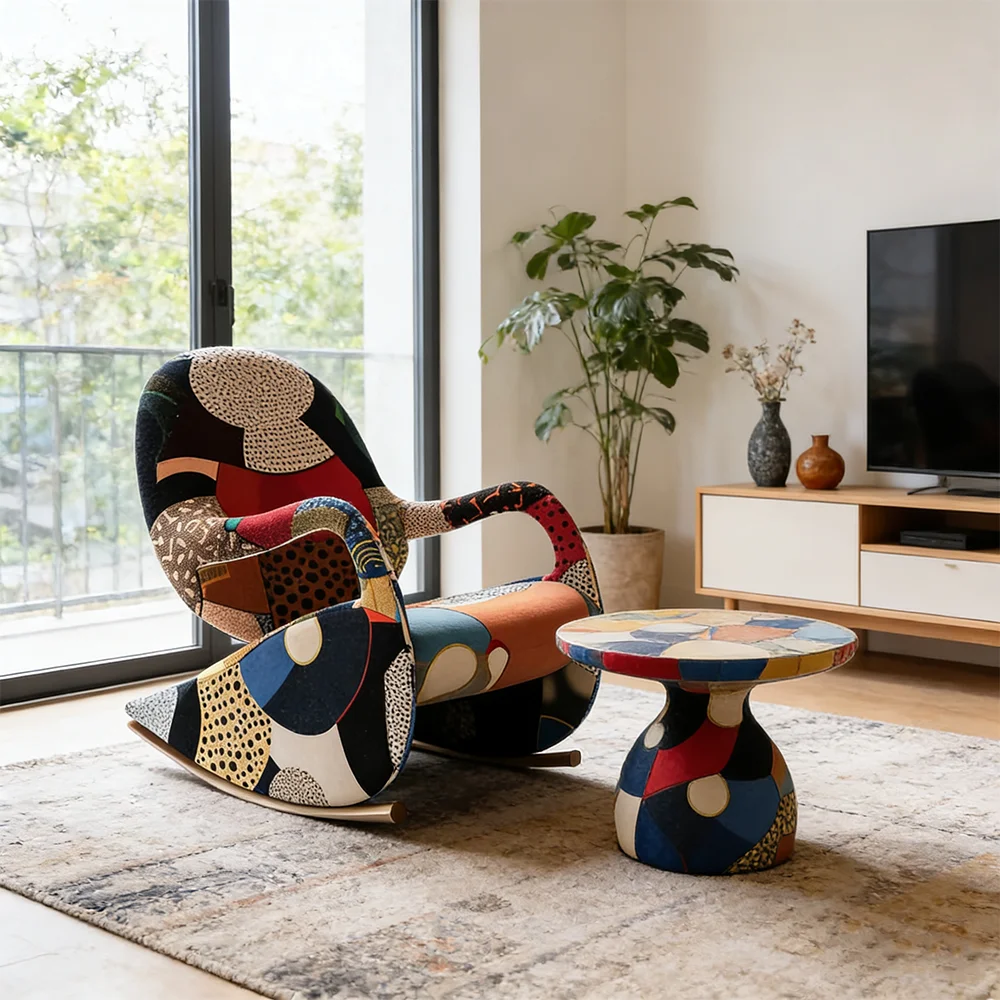 Moderner Patchwork-Schaukelstuhl mit Fußstütze, Gepolsterter Akzent-Loungesessel für Wohnzimmer und Schlafzimmer