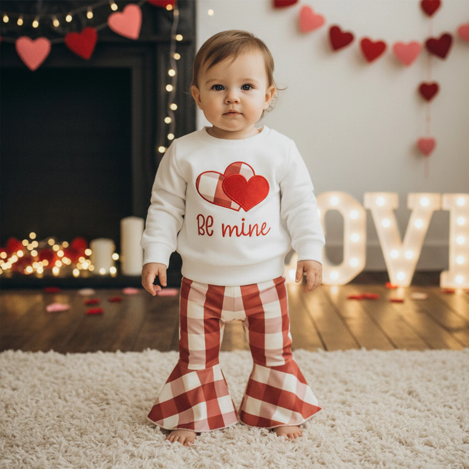 طقم سراويل للفتيات الصغيرات، هوديي بأكمام طويلة مطرز بحروف على شكل قلب مع سروال منقوش واسع لملابس عيد الحب